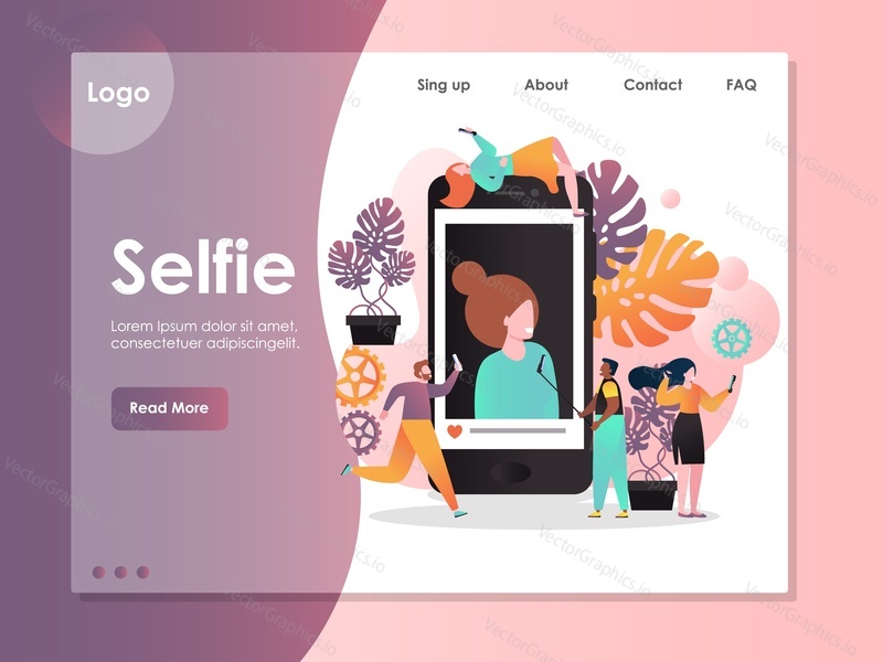 Selfie vektorová webová šablona, webová stránka a design vstupní stránky pro vývoj webových stránek a mobilních stránek. Příslušenství pro Selfie telefon, koncepty aplikací pro fotografie.