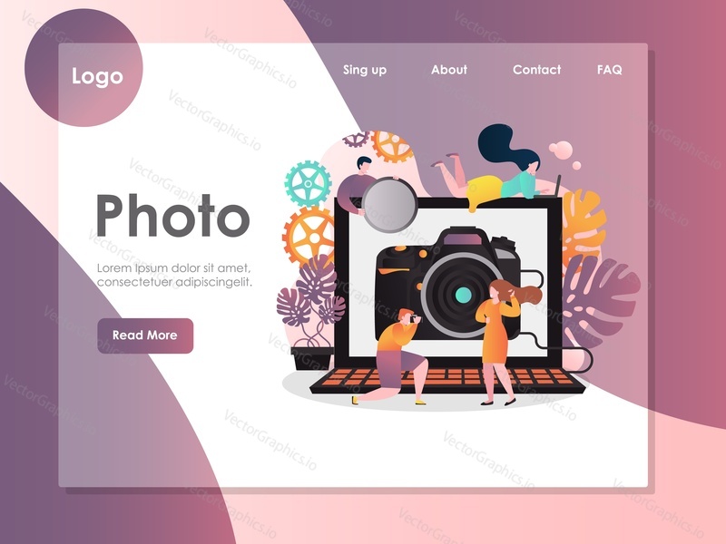 Šablona webových stránek photo vector, design webových stránek a vstupních stránek pro vývoj webových stránek a mobilních stránek. Fotograf s pfoto modelu, focení.