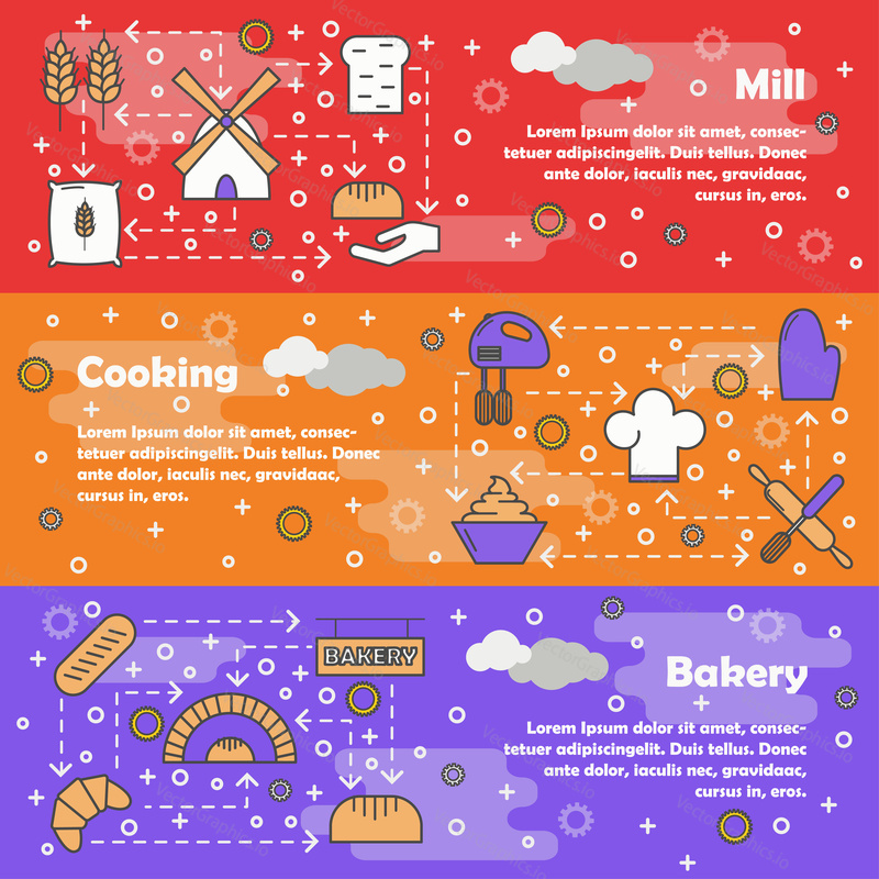 Pekárna, mlýn a vaření horizontální web banner šablony set. Eco vintage větrný mlýn, pečení a pečení příprava mrtvice obrys ikony. Vektorové prvky nebo loga pro kulinářský web Online projekt