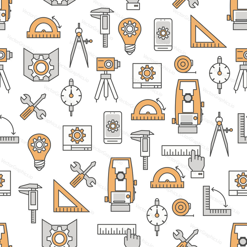 Vector seamless pattern with engineering measuring tools and devices. Thin line art flat style design engineer background, wallpaper.