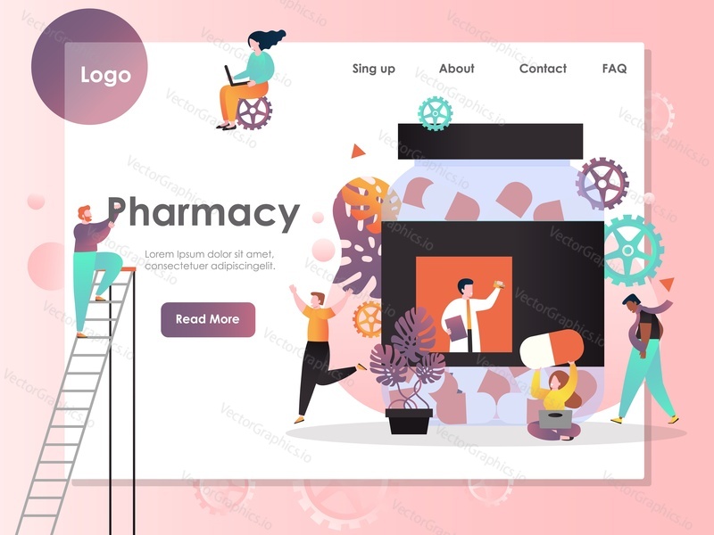 Lékárna vektorová webová šablona, webová stránka a design vstupní stránky pro vývoj webových stránek a mobilních stránek. Farmakologický obchod, koncept farmaceutického průmyslu.