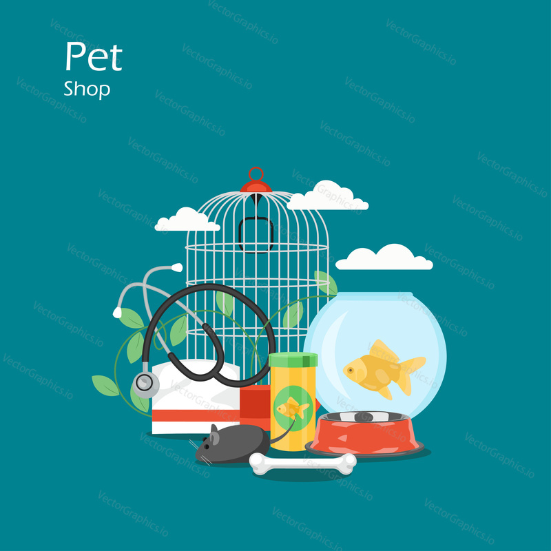 Pet shop vector plochý styl designu ilustrace. Ryby v akváriu, ptačí klec, jídlo mísa, kost, hračky, veterinář věci. Pet store složení pro web banner, webové stránky atd.