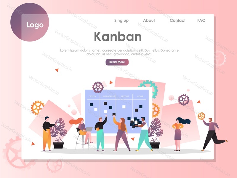 Šablona webových stránek Kanban vector, design webových stránek a vstupních stránek pro vývoj webových stránek a mobilních stránek. Agilní kanbanová metodika, koncepty týmové práce.
