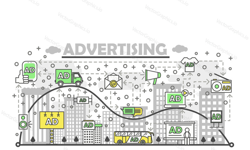Creative integrated advertising made of linear vector icons. Product promotion collage in dynamic urban life with mobile advertisement, audio reclame, contextual and radio marketing concept AD signs