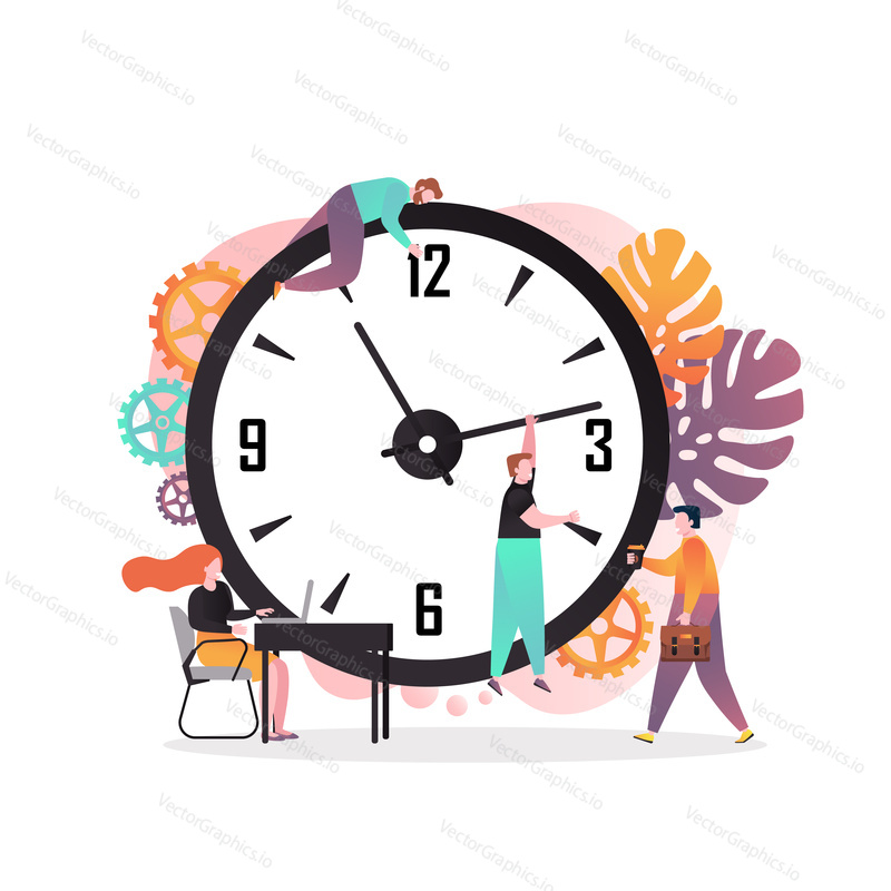 Vector illustration of big clock and man holding clock hand while taking coffee. Time management, process of planning and organization of working time, deadline concepts for web banner, website page.