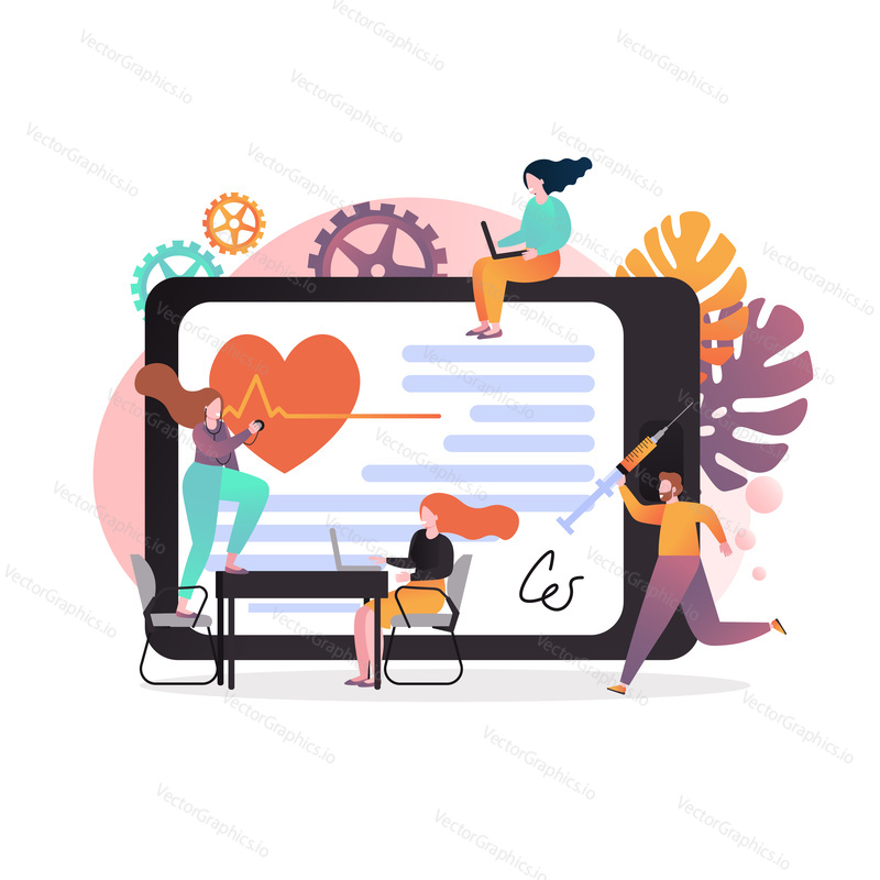 Vektorová ilustrace velkých tabletů a lidí, kteří poslouchají srdce pomocí stetoskopu, drží stříkačku, pomocí notebooků. Telemedicína, online diagnostika a koncept léčby pro webový banner, webovou stránku atd.
