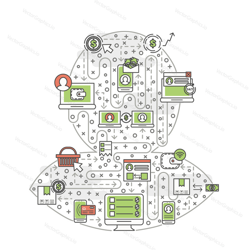 Avatar mobile user shape poster banner template. Online shopping, e-commerce, mobile payment symbols. Vector thin line art flat style design elements, icons for website banners and printed materials.