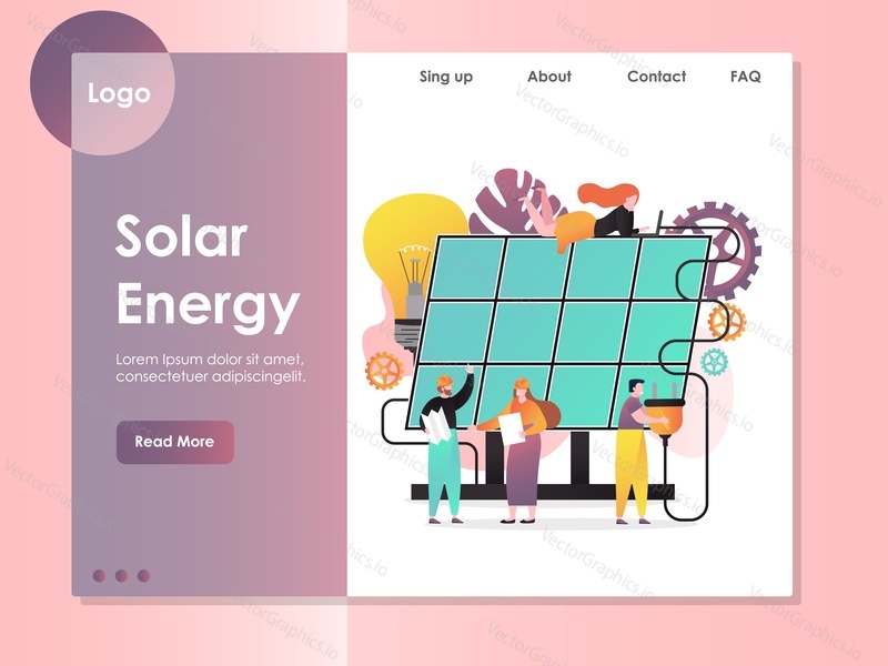 Šablona webové stránky Solar energy vector, návrh webové stránky a vstupní stránky pro vývoj webových stránek a mobilních stránek. Obnovitelná výroba a spotřeba zelené energie.