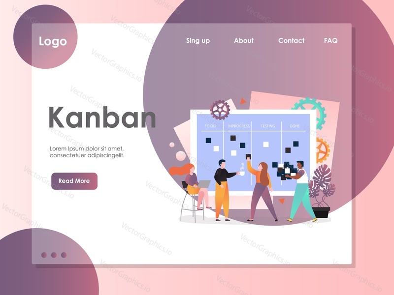 Šablona webových stránek Kanban vector, design webových stránek a vstupních stránek pro vývoj webových stránek a mobilních stránek. Agilní kanbanová metodika, Scrum task board, koncepty vývoje softwaru.