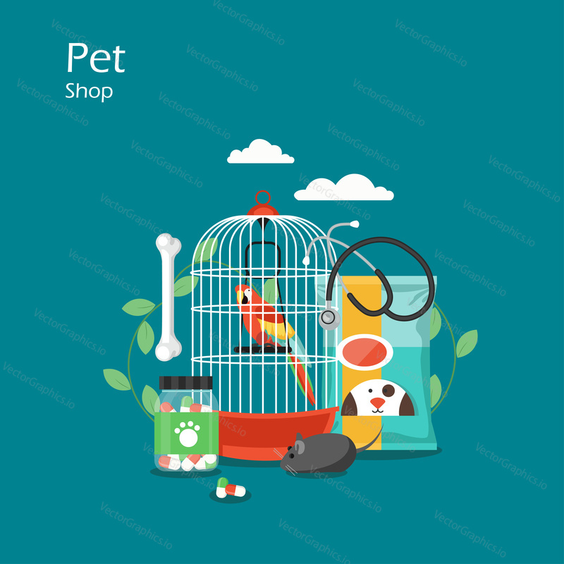 Pet shop vector plochý styl designu ilustrace. Papoušek v kleci, krmivo pro psy, kost, myš hračka, veterinář stetoskop, pilulka láhev. Zvířecí potřeby a doplňky pro domácí zvířata složení pro webový banner, webová stránka.