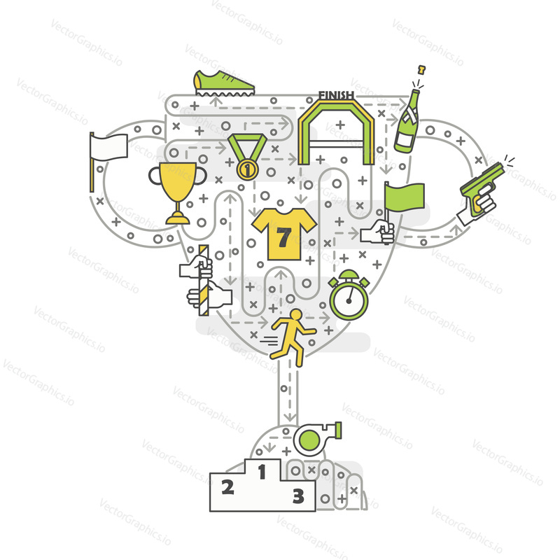 Trophy cup tvar plakát banner šablona. Sportovní soutěž, vítězství, ocenění, sportovní oblečení vector thin line art flat style designové prvky, ikony pro banner webových stránek, tištěné materiály.