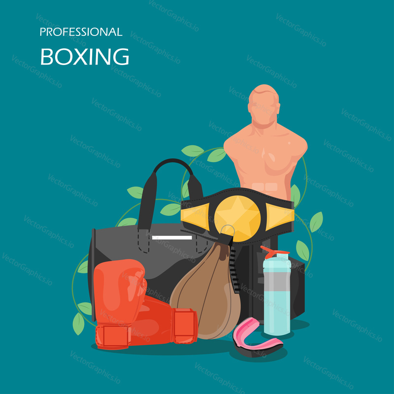 Professional boxing vector flat style design illustration. Punching bag, gloves, belt, sports bag, water bottle, dummy, mouthguard. Boxing equipment and accessories for web banner, website page etc.