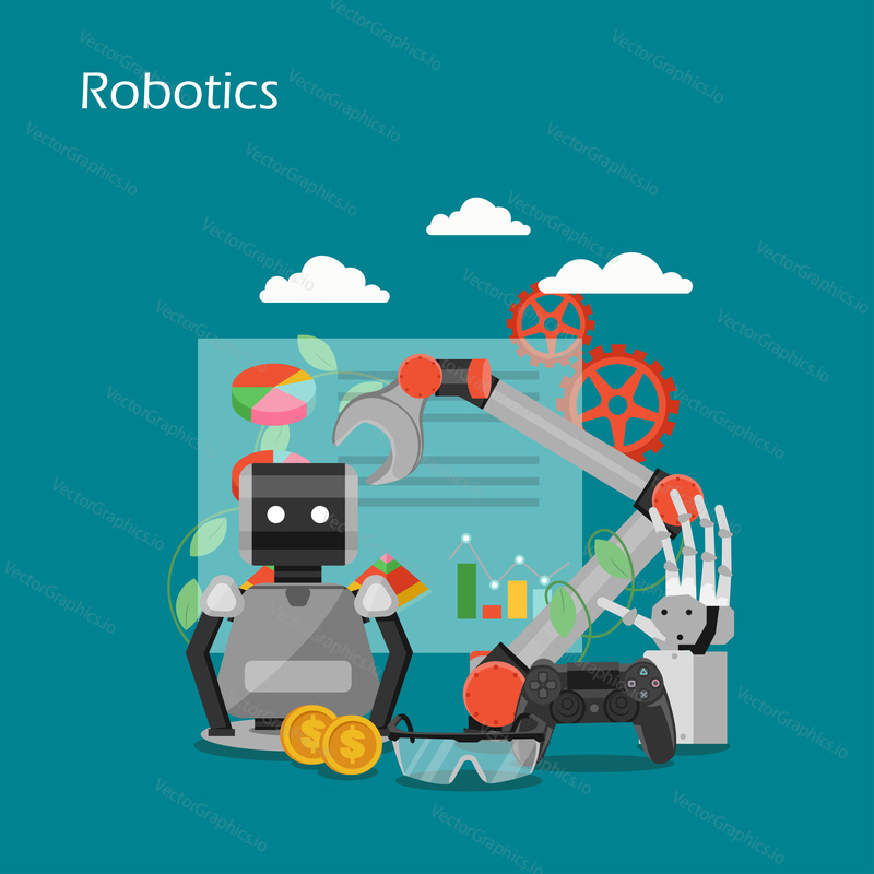 Robotika vektorová plochá ilustrace. Robot, průmyslové robotické rameno a ruka, grafy, grafy, joystick, dolarové mince. Koncept technologie Automatizace podnikových procesů pro webový banner, webovou stránku atd.