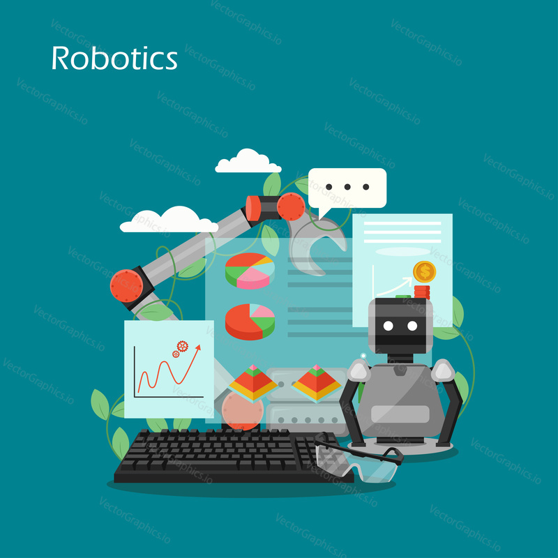 Robotika vektorový plochý styl designu ilustrace. Robot, průmyslové robotické rameno, klávesnice, grafy, grafy. Umělá inteligence, robotická technologie, koncepty automatizace pro webový banner, webová stránka.