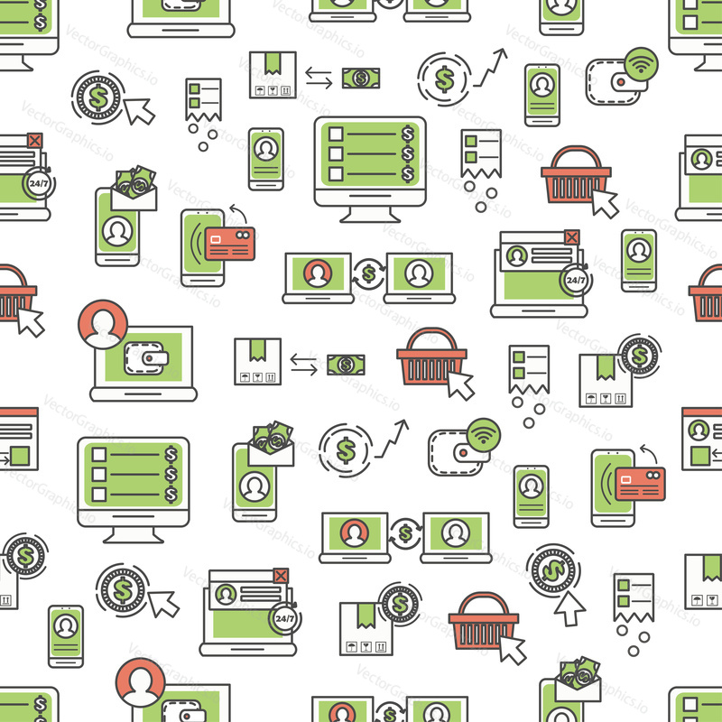 Vector seamless pattern with online shopping, e-commerce, mobile payment symbols, design elements. Thin line art flat style design mobile banking background, wallpaper.