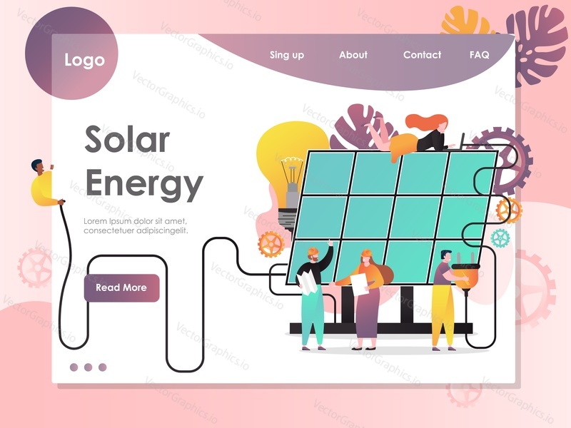 Šablona webové stránky Solar energy vector, návrh webové stránky a vstupní stránky pro vývoj webových stránek a mobilních stránek. Koncept technologie solárních panelů.