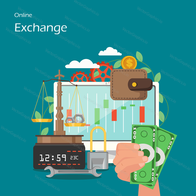 Online exchange vektorové ploché ilustrace. Počítač se svícen grafy na monitoru, ruka s penězi, peněženka a dolar mince, váhy, atd. Burzovní trh pro webový banner, webovou stránku atd.