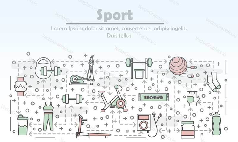 Sportovní reklama plakát banner šablona. Vektorové tenké čáry umění plochý styl design ikony pro webové stránky bannery a tiskovin.