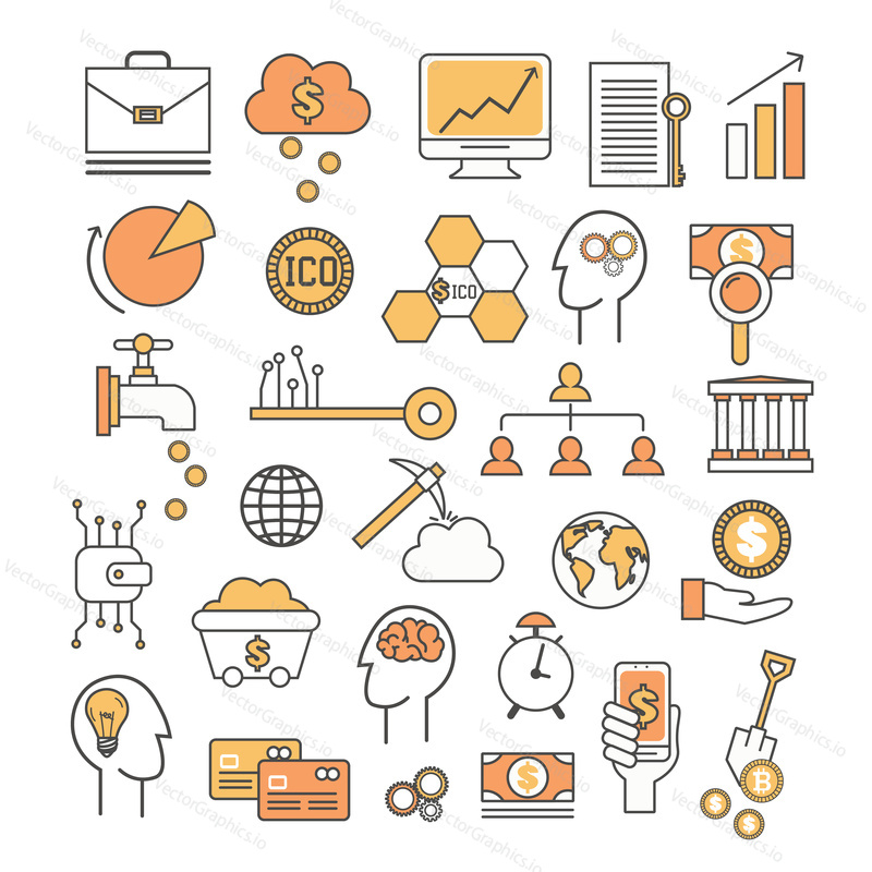 Cryptocurrency icon set. Vector thin line art flat style design elements isolated on white background.