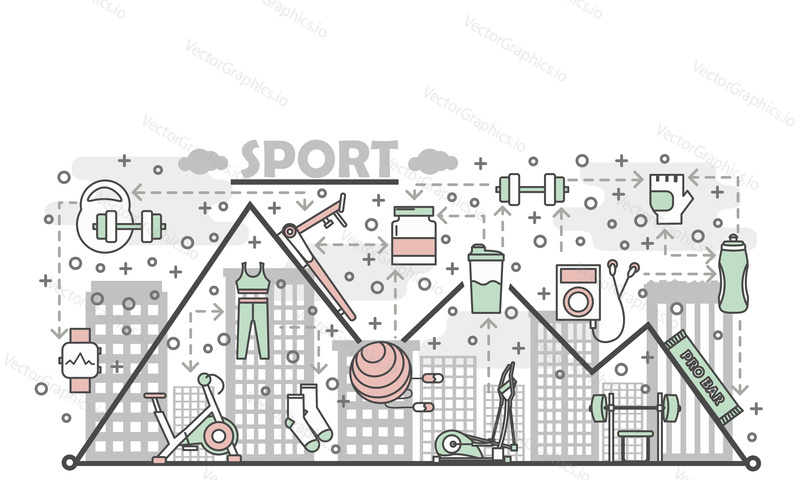 Sport plakát banner šablona. Vector thin line art plochý styl design ikony sportovních potřeb, cvičení zařízení pro webové stránky bannery a tištěných materiálů.