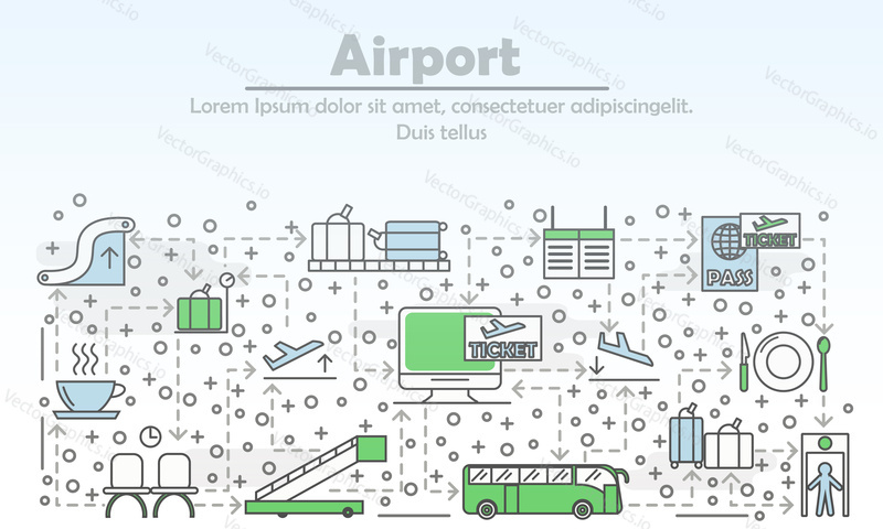 Letištní reklamní plakát banner šablona. Vektorové tenké čáry umění plochý styl design ikony pro webové stránky bannery a tiskovin. Odbavovací pult, Kavárna, palubní vstupenka, eskalátor, Čekárna atd.