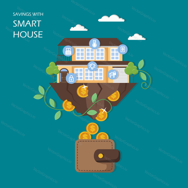 Savings with smart house concept vector flat illustration. House with automated home security, lighting and other systems controlled remotely, dollar coins falling out of building into wallet.