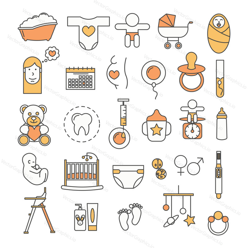 Newborn baby, maternity and pregnancy icon set. Vector thin line art flat style design elements isolated on white background.