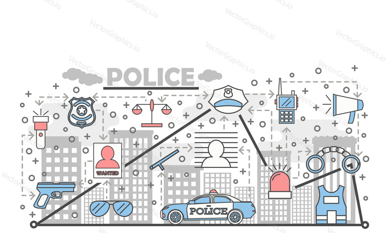 Policejní plakát banner šablona. Vektorové tenké čáry umění plochý styl design ikony pro webové stránky bannery a tiskovin.