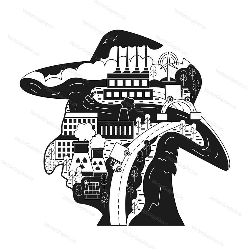Environmental conservation or ecological thinking concept vector illustration. Man head silhouette in hat with wind turbines and solar panels producing green alternative energy.