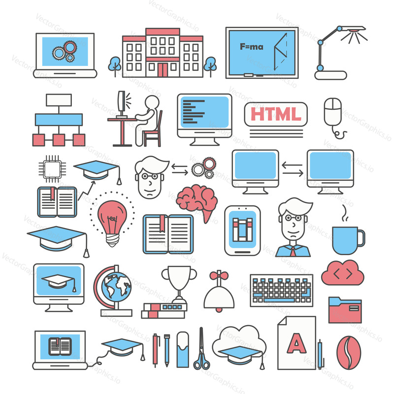 Study icon set. Vector thin line art flat style design elements isolated on white background.