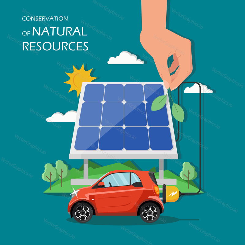 Vektorová ilustrace koncepce ochrany přírodních zdrojů. Eco mobilní nebo elektrické auto využívající sluneční energii, lidská ruka drží zelené listy nad solárním panelem. Plochý designový prvek.