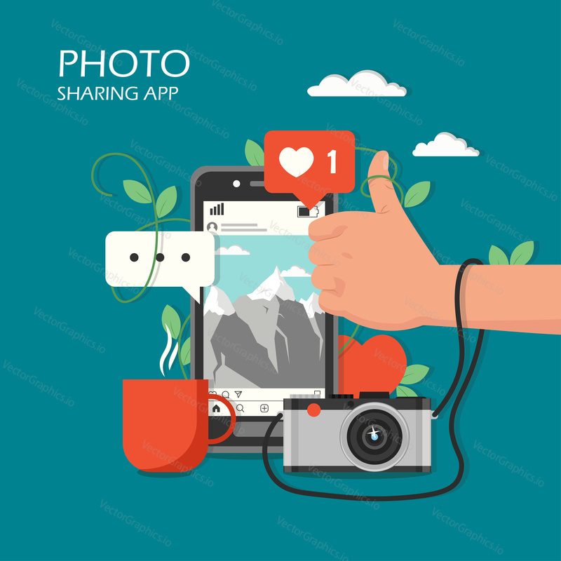 Sociální sdílení fotografií app koncept vektorové ploché ilustrace. Mobilní telefon s aplikací instagram service, sociální síť jako ikona, lidská ruka s palcem nahoru schvalovací gesto a pozitivní odhad znamení.