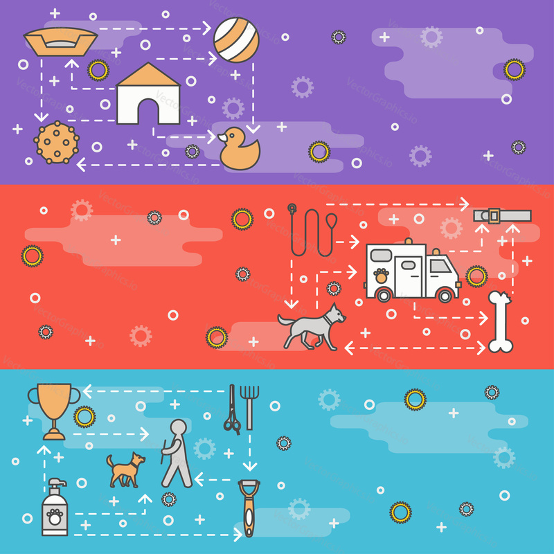 Výcvik psů vektorový web banner šablony set. Domácí zvířata příslušenství vodítko obojek, hračky, jídlo mísa, psí bouda, grooming nástroje a zásoby. Tenké linie art ploché ikony pro psa chodec a školení školy nebo klubu.