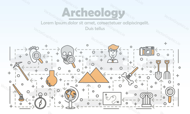 Archaeology reklamní plakát banner šablona. Vektorové tenké čáry art ploché styl designové prvky, ikony pro webové bannery a tiskovin.