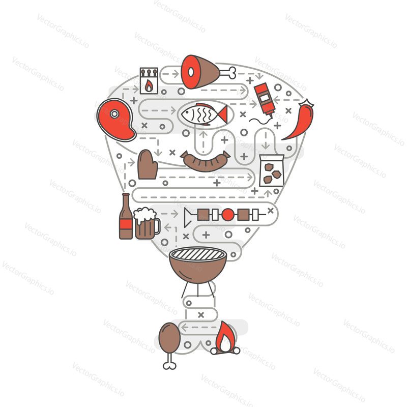 Meat shape vector poster banner template. Bbq grilled meat, fish, sauce, chili, beer and grilling equipment thin line art flat style design elements, icons for web banners and printed materials.