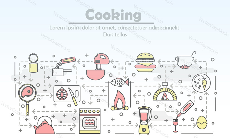 Vaření reklamní vektorové plakát banner šablony. Kuchyňské spotřebiče, kuchyňské náčiní, jídlo, víno tenká linie umění plochý styl design ikony pro webové bannery, tištěné materiály.