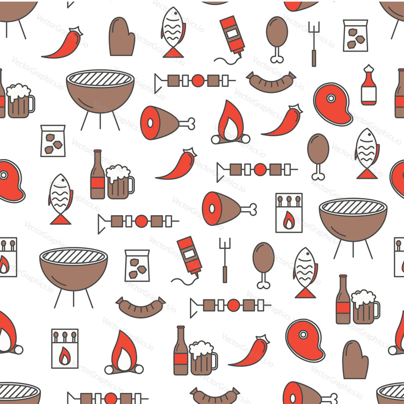 Vector seamless pattern with bbq grilled meat, fish, sauce, chili, beer and grilling equipment. Thin line art flat style design barbeque background, wallpaper.