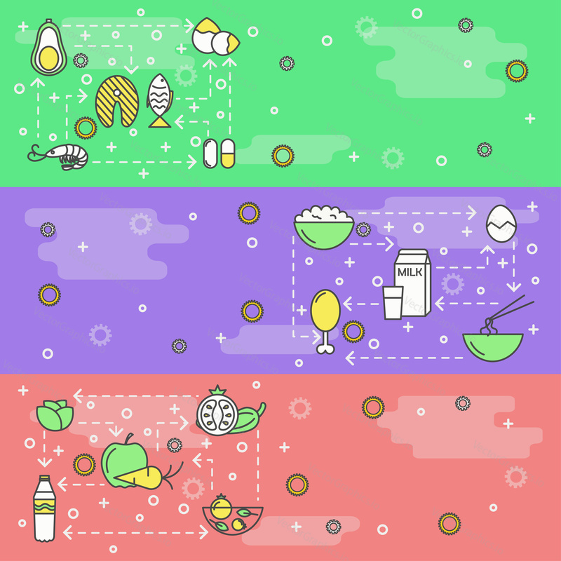 Proper food vector web banner template set. Organic healthy cooking, fast-casual food service concept. Fresh natural products fish chicken meat seafood fruits vegetables thin line art flat icons.