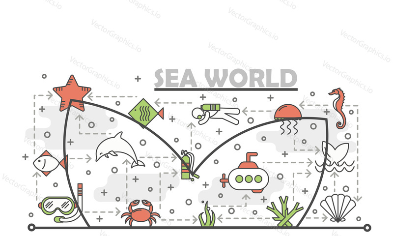 Sea world vektorové plakát banner šablona. Medúzy, exotické ryby, delfín, velrybí ocas, mořský koník, krab, Korály,mušle, ponorka, potápěč atd. Tenké čáry art ploché ikony pro web a tiskovin.