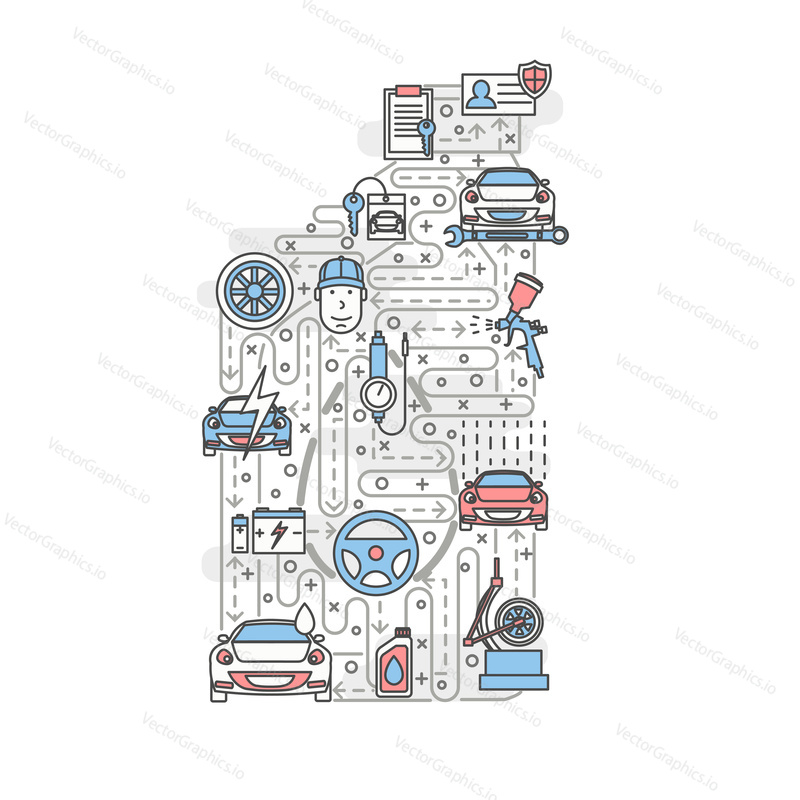 Motor oil bottle shape poster banner template. Car service vector thin line art flat style design elements, icons for web banners and printed materials.