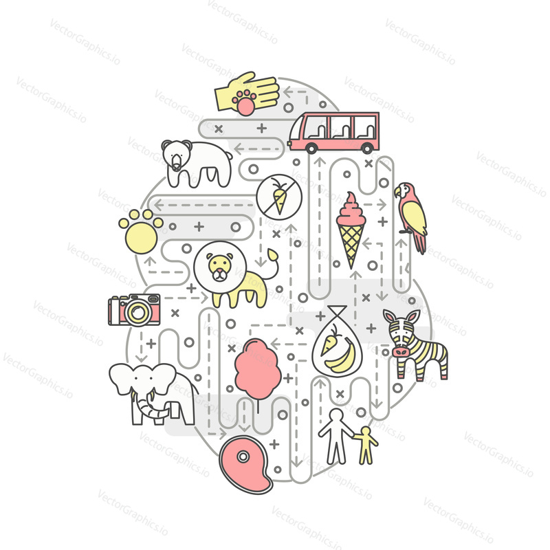 Zoo vector poster banner template. Bear elephant zebra parrot lion ice cream cone, bus, camera, visitors, animal food in the shape of cotton candy. Thin line art flat icons for web, printed materials.
