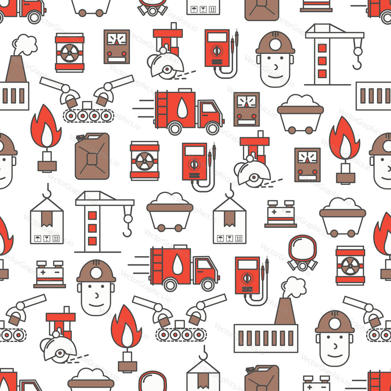 Vector seamless pattern with heavy industry manufacturing, power plant with smoking pipes, mining fossil fuels symbols. Thin line art flat style design production background, wallpaper.