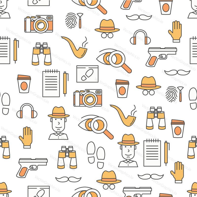 Vector seamless pattern with private investigator, camera, binoculars, gun, tobacco pipe, hat, glove, shoe prints, fingerprints etc. Thin line art flat style design detective background wallpaper.