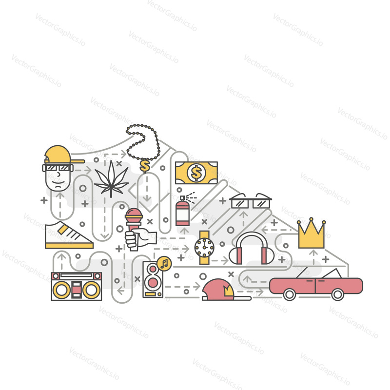 Rapper shoe sneakers shape vector poster banner template. Rap music singer with accessories chain glasses watch cap retro car loudspeakers microphone tape recorder. Thin line art flat icons for web.