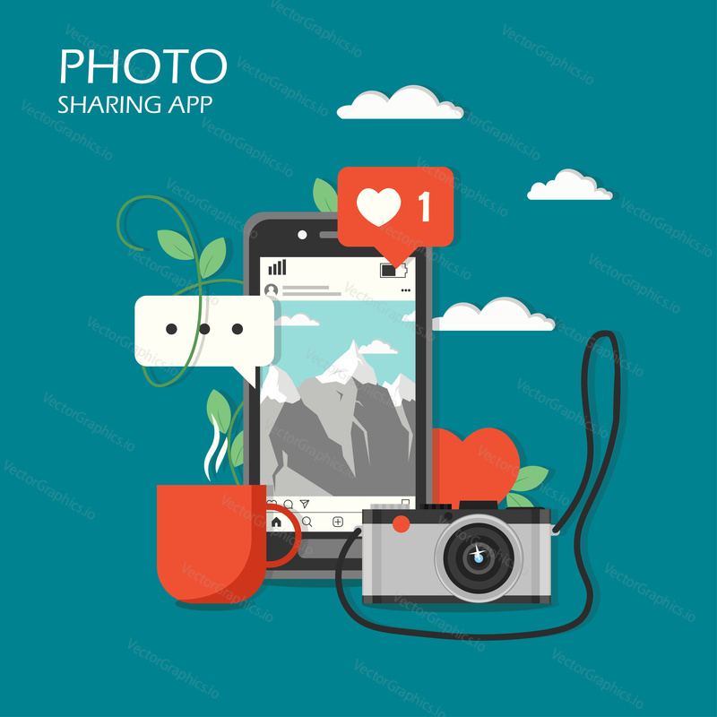 Sociální sdílení fotografií app koncept vektorové ilustrace. Mobilní telefon s aplikací instagram service, sociální síť jako ikona, fotoaparát. Plochý designový prvek pro šablonu webových stránek, plakát, banner atd.