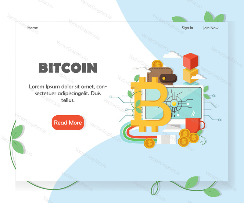 Bitcoin kryptoměna investice webové stránky homepage šablona. Vektorový plochý designový prvek s kopírovacím prostorem a tlačítkem read more.