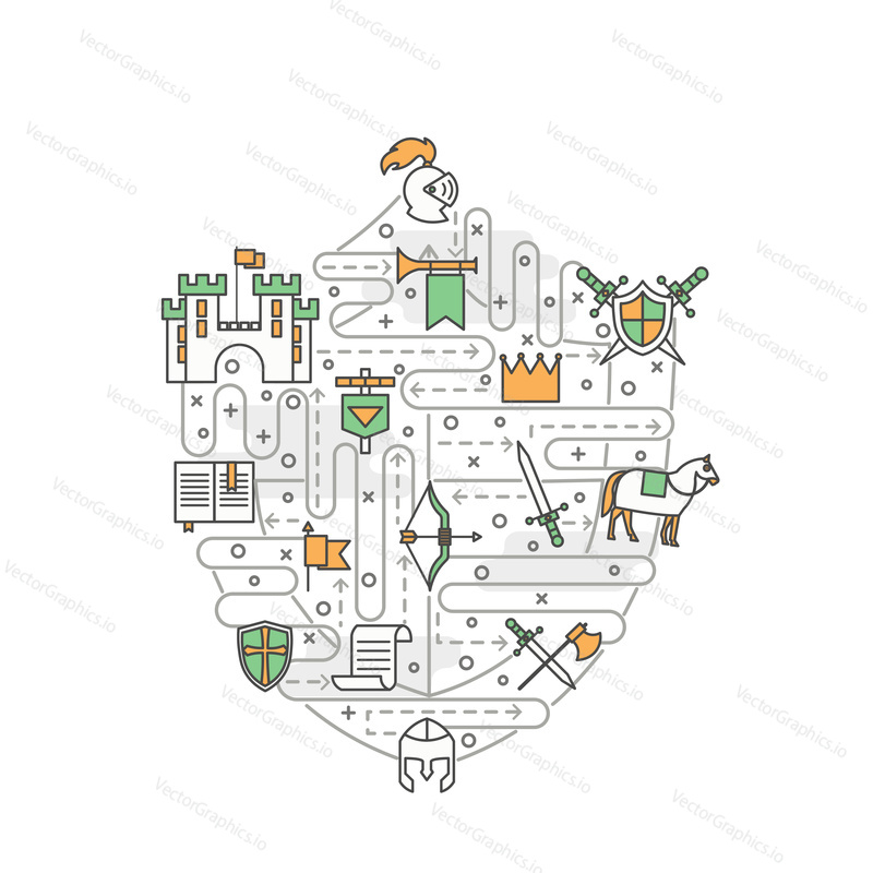 Medieval knights vector poster banner template. Middle ages warrior knight clothing, armor and weapons, horse, castle etc. Thin line art flat icons in shape of shield for web, printed materials.