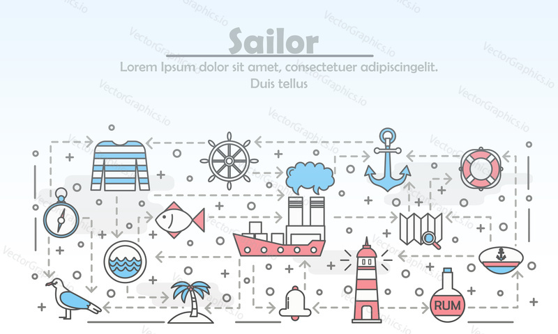 Sailor advertising vector poster banner template. Nautical marine navigation symbols, sea captain accessories. Thin line art flat icons for web banners, printed materials.