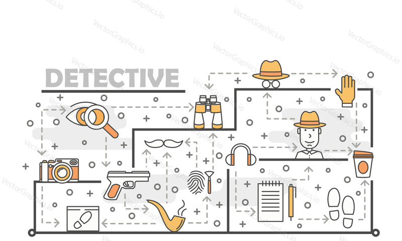 Detective vector poster banner template. Private investigator, camera, binoculars, gun, shoe prints, fingerprints, tobacco pipe, hat, glove etc. thin line art flat icons for web and printed materials.