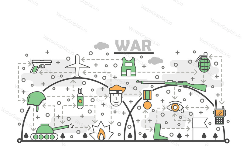War poster banner template. Military, army symbols vector thin line art flat style design elements, icons for web banners and printed materials.